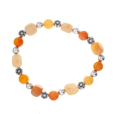 John Bead Peach Aventurine & Flower Bead Stretch Bracelet