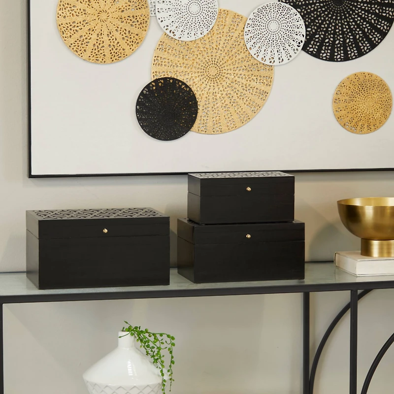 Novogratz Black Wood Intricate Carved Box with Hinged Lid Set