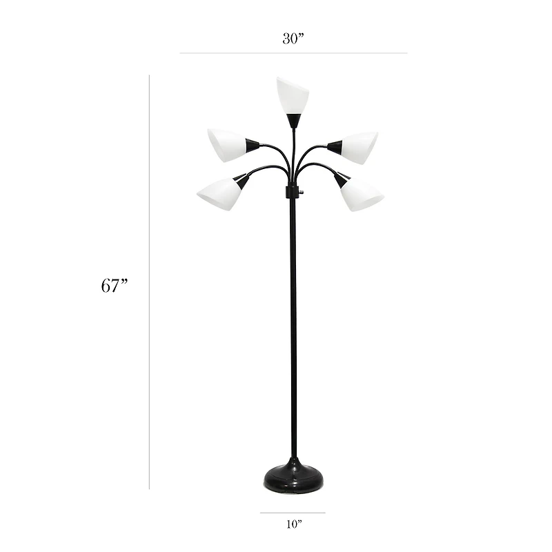 Simple Designs™ 5.5ft. 5-Light Gooseneck Black Floor Lamp with White Shades