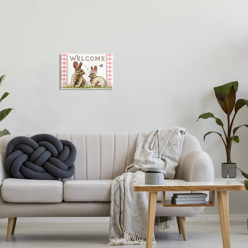 Stupell Industries Welcome Plaid Spring Garden Rabbits Wall Plaque Art