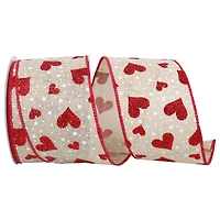 JAM Paper 2.5" x 10yd. Wired Faux Linen Heart Glitter & Dots Ribbon
