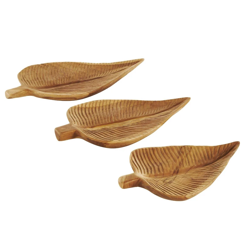 Brown Teak Wood Leaf Handmade Carved Texture Tray Set