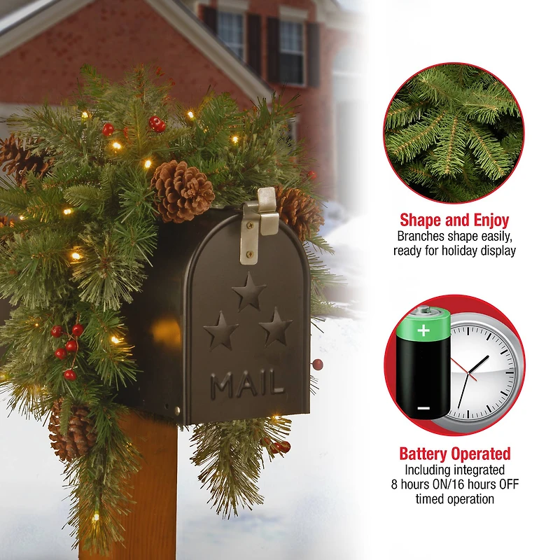 3ft. Pre-Lit Feel Real® Pinecone & Berry Colonial Artificial Christmas Mail Box Swag, Warm White LED Lights