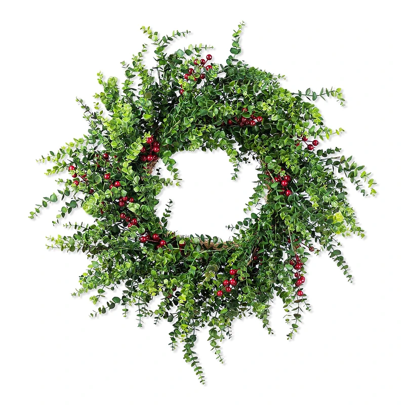 Glitzhome® 28"D Christmas Greenery PE Eucalyptus Wreath with Red Berries