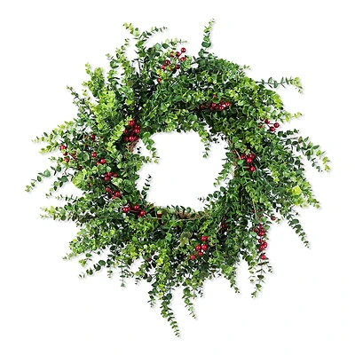 Glitzhome® 28"D Christmas Greenery PE Eucalyptus Wreath with Red Berries