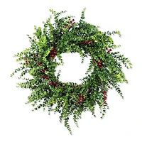 Glitzhome® 28"D Christmas Greenery PE Eucalyptus Wreath with Red Berries