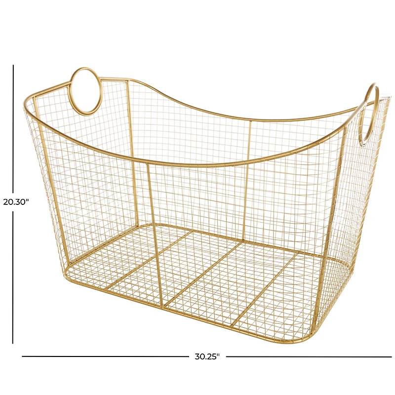 30.25" Gold Metal Geometric Wire Grid Basket with Curved Sides & Ring Handles
