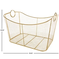 30.25" Gold Metal Geometric Wire Grid Basket with Curved Sides & Ring Handles