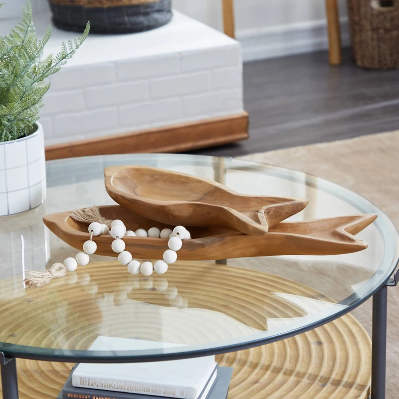 Brown Fish Teak Wood Coastal Style Tray Set