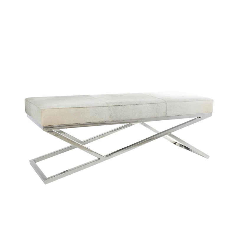 Light Gray Leather Geometric Bench with Angled Silver Metal Base