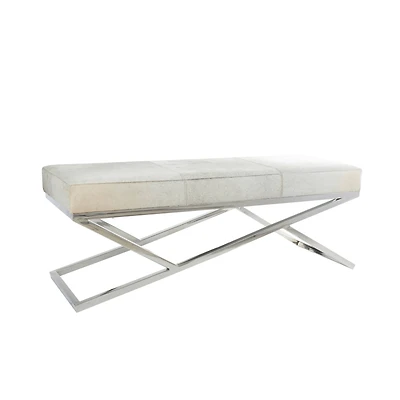 Light Gray Leather Geometric Bench with Angled Silver Metal Base