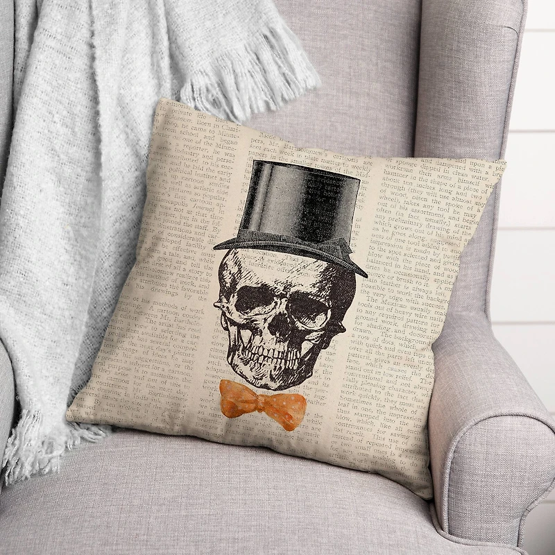 Skull Tophat Newspaper Bowtie Spun Poly Throw Pillow
