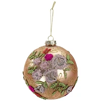 4.5" Pink Floral Applique Glass Ball Ornament