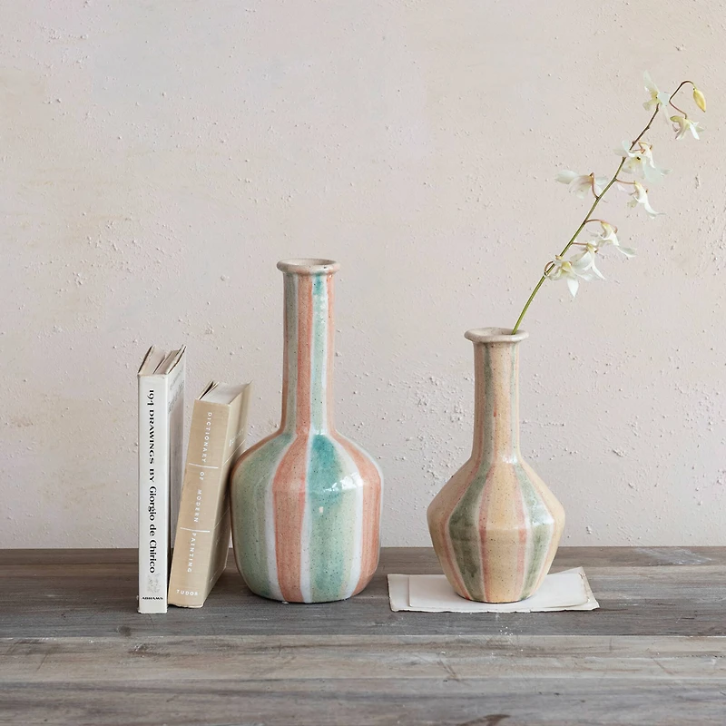 Hello Honey® 14" Blue & Maroon Hand-Painted Crackle Glaze Terra Cotta Vase with Tall Neck