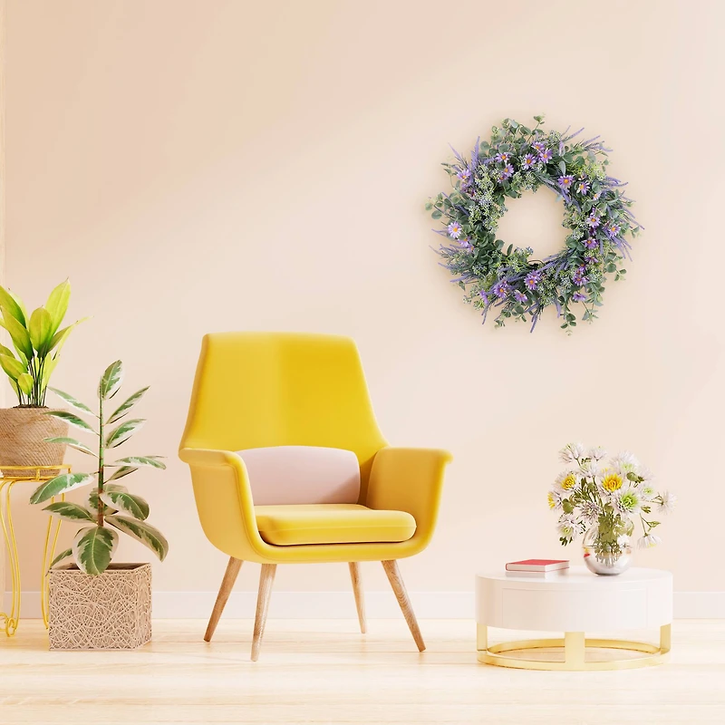 24" Purple Spring Daisy, Lavender & Eucalyptus Floral Wreath