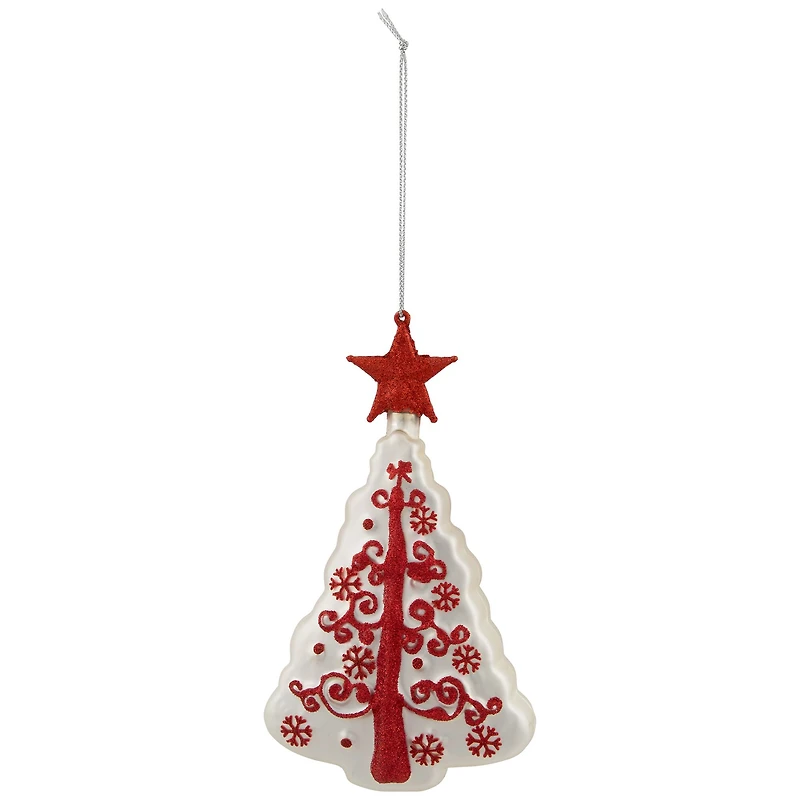 6" White & Red Christmas Tree Glass Ornament