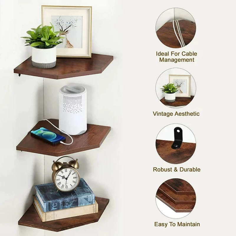 Burnt Brown Wall Mounted Wood Floating Corner Shelf Set