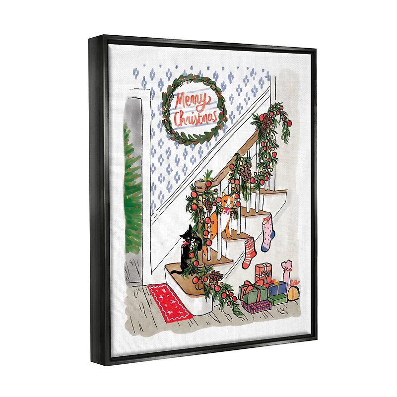 Stupell Industries Merry Christmas Holiday Stairway Framed Floater Canvas Wall Art