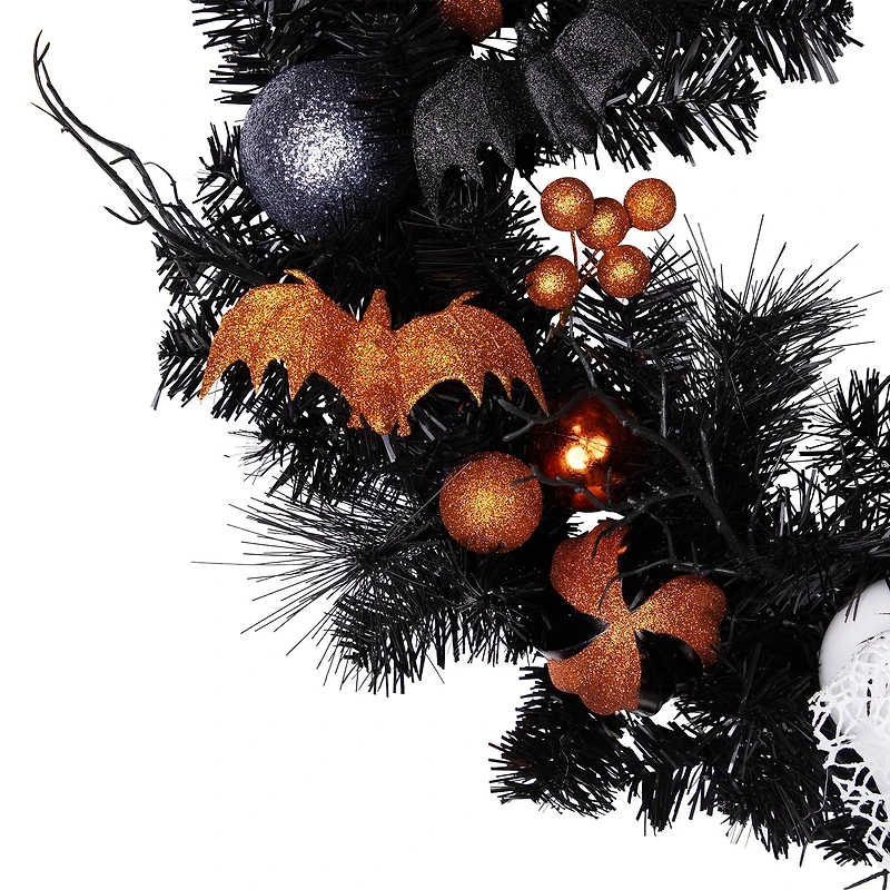 24'' Unlit Orange Ornaments and Ghost Halloween Pine Wreath