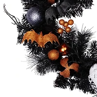 24'' Unlit Orange Ornaments and Ghost Halloween Pine Wreath