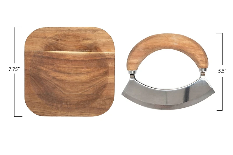 Hello Honey® Natural Acacia Wood and Stainless Steel Italian Mezzaluna Knife with Square Cutting Board Set