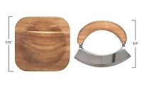 Hello Honey® Natural Acacia Wood and Stainless Steel Italian Mezzaluna Knife with Square Cutting Board Set