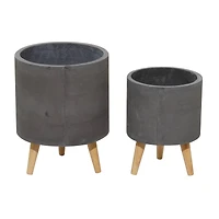 Set of 2 Grey Polystone Contemporary Planter, 13" 16"
