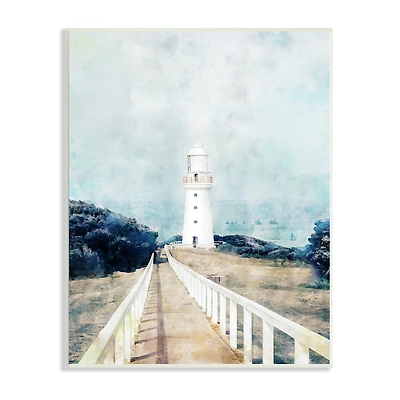 Stupell Industries White Lighthouse Boardwalk Rocky Cliff Coastal Landscape Water Wood Wall Plaque