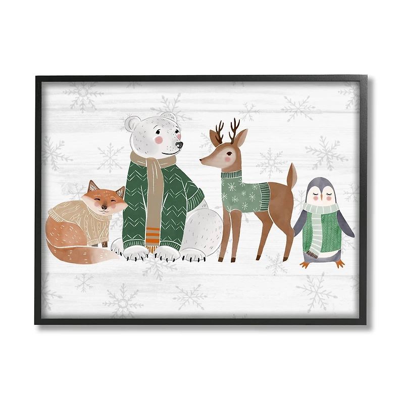 Stupell Industries Winter Wildlife Animals Snowflakes Framed Giclee Art