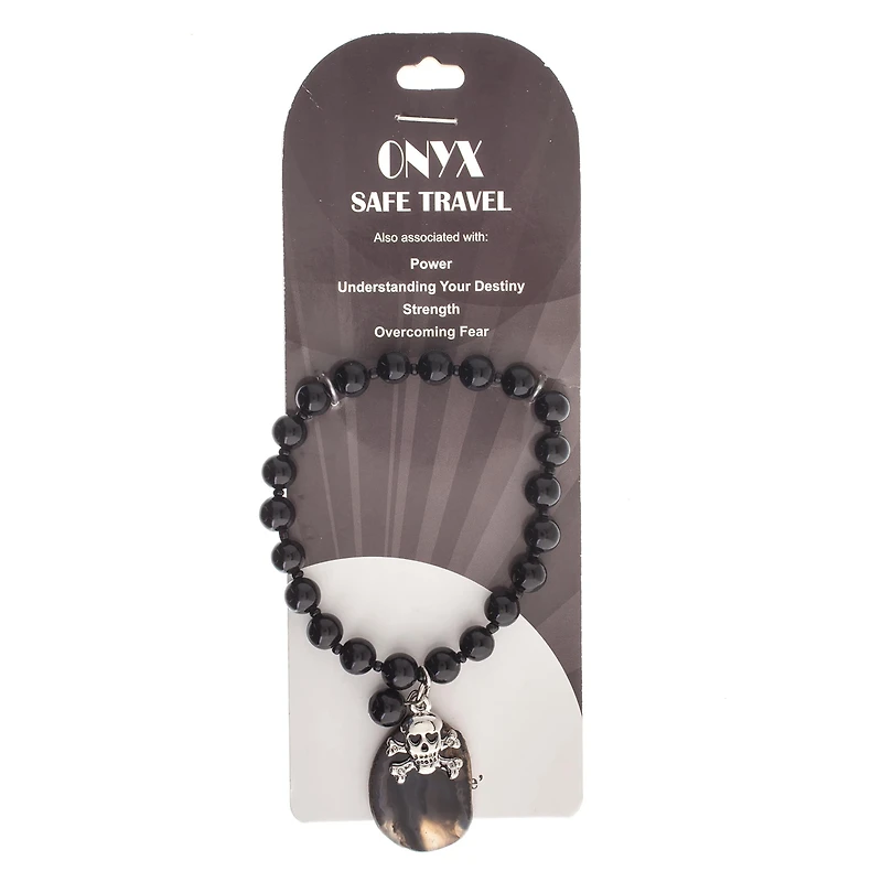 John Bead Onyx Black Natural Stone Bracelet with Agate & Skull Charm
