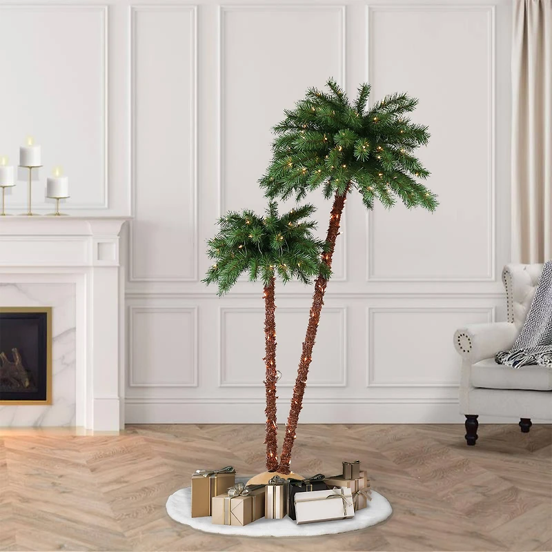 3.5ft. & 6ft. Double Trunk Pre-Lit Artificial Palm Tree, Clear Lights