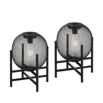 Glitzhome® 11.5" Metal Mesh Black Solar Powered Lantern with Stand, 2ct.