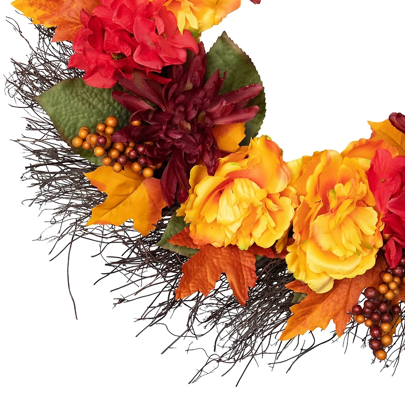 24" Autumn Harvest Peony, Mum & Feather Thanksgiving Wreath, Unlit