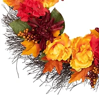 24" Autumn Harvest Peony, Mum & Feather Thanksgiving Wreath, Unlit