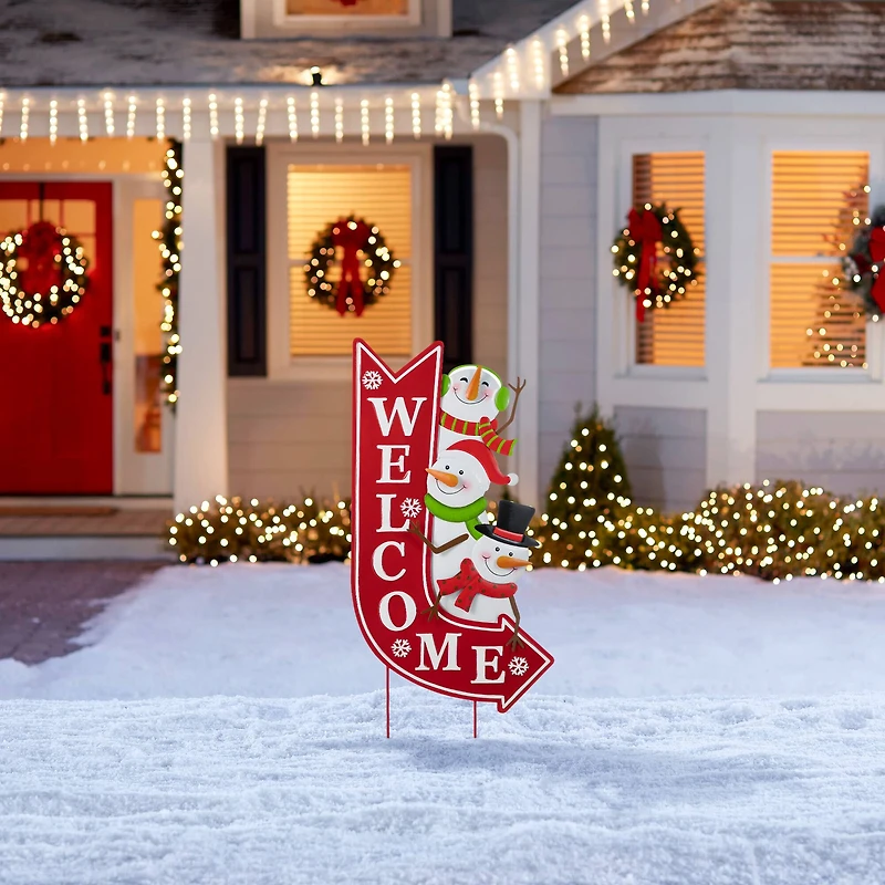 Glitzhome® 35.75" Metal Christmas Snowmen Arrow Welcome Yard Stake