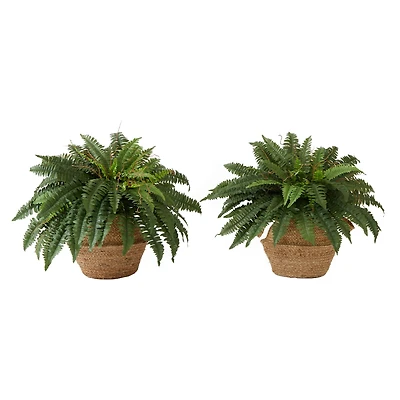 23" Artificial Boston Fern Plant with Handmade Jute & Cotton Basket with Handles