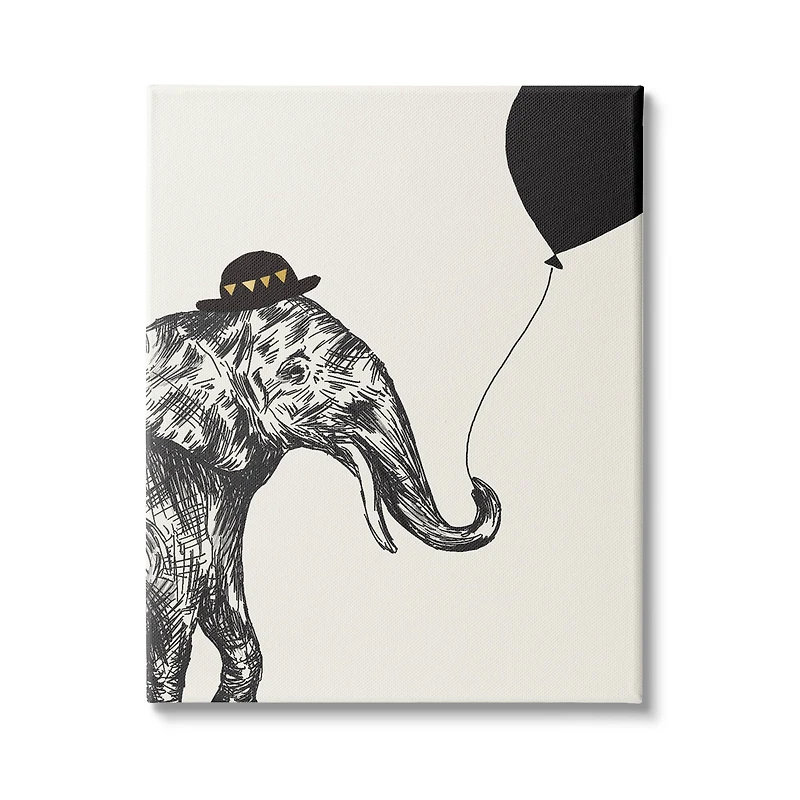 Stupell Industries Elephant with Derby Hat Holding Black Balloon Canvas Wall Art