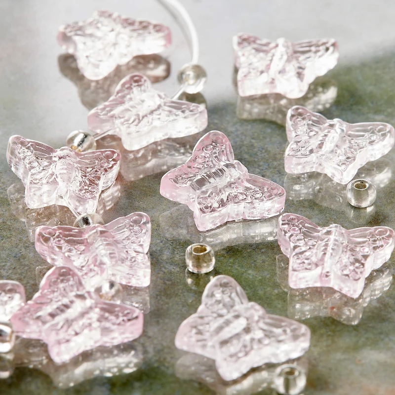 12 Pack: Pink Butterfly Glass Beads, 15mm by Bead Landing®
