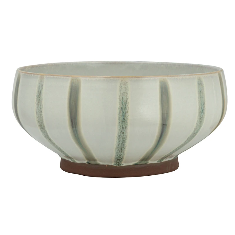 Hello Honey® 10" Cream & Green Reactive Glaze Stripes Hand-Painted Stoneware Bowl