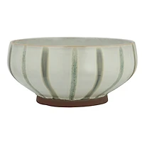 Hello Honey® 10" Cream & Green Reactive Glaze Stripes Hand-Painted Stoneware Bowl