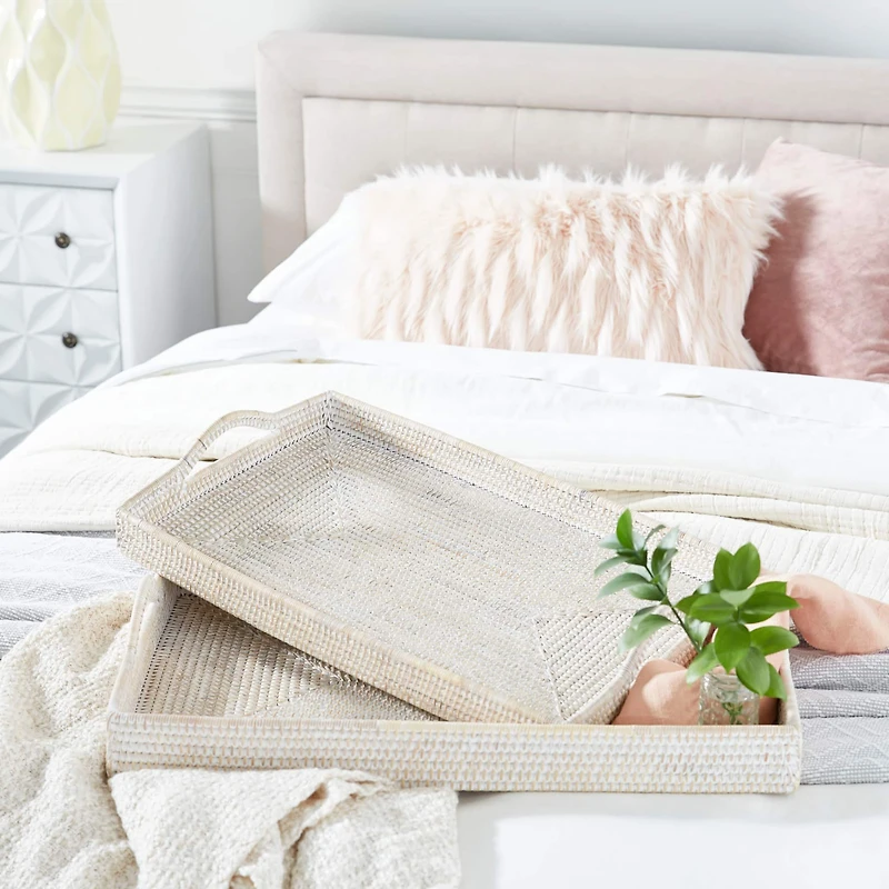 Cream Wood Boho Style Tray Set