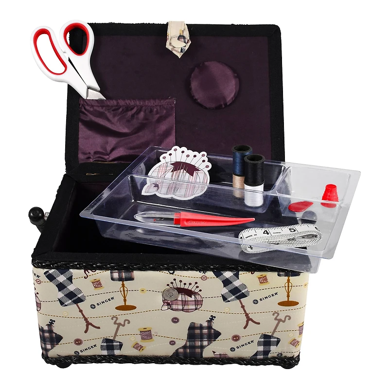 SINGER® Large Classic Sewing Print Sewing Basket with Sewing Scissors & Notions