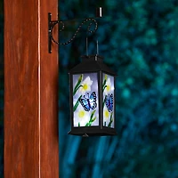 Glitzhome® 11" Glass with Butterfly & Flower Pattern Solar Powered Hanging Lantern