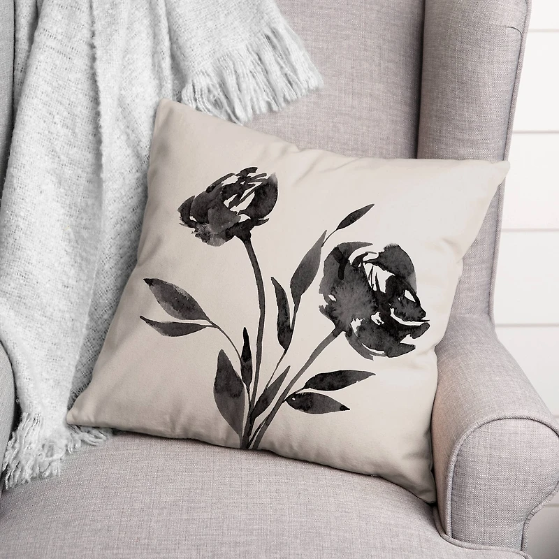 Inky Budded Rose I 18" x 18" Throw Pillow