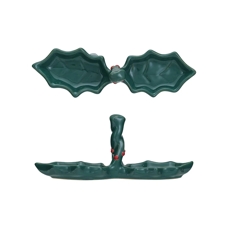 Hello Honey® 9.5" Green & Red Stoneware Holly Shaped Dish with 2 Sections & Handle