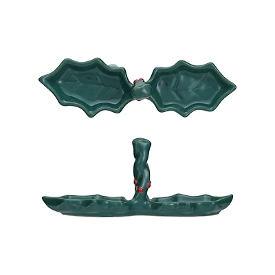 Hello Honey® 9.5" Green & Red Stoneware Holly Shaped Dish with 2 Sections & Handle