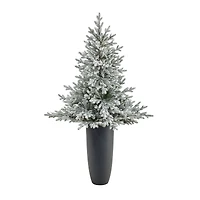 5ft. Pre-Lit Flocked Fraser Fir Artificial Christmas Tree in Gray Planter, Warm White Lights