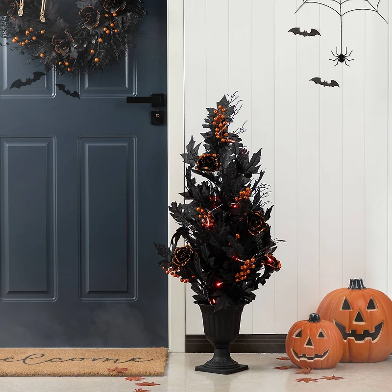 Glitzhome® 36"H Halloween Lighted Black Rose with Orange Glitter Urn Porch Tree with Timer