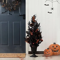 Glitzhome® 36"H Halloween Lighted Black Rose with Orange Glitter Urn Porch Tree with Timer