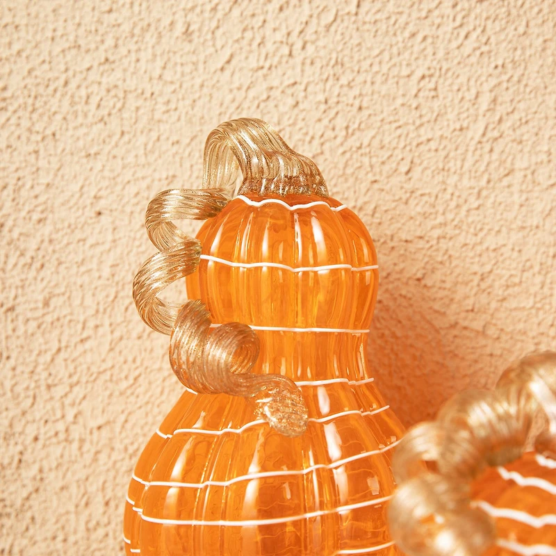 Glitzhome® Orange and White Lines Glass Pumpkin & Gourd Set